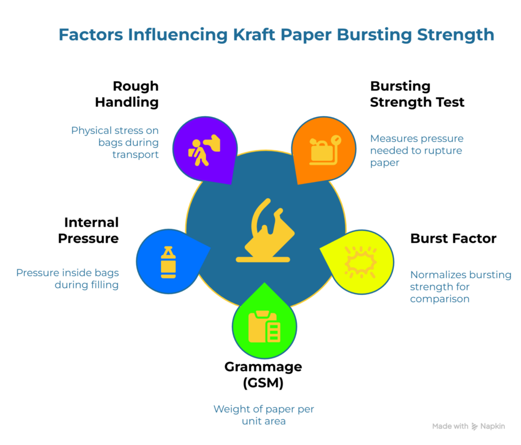 Infographic titled “Factors Influencing Kraft Paper Bursting Strength.” A center icon is encircled by five factors: Rough Handling (transport stress), Internal Pressure (during filling), Grammage/GSM (weight per area), Bursting Strength Test (pressure to rupture), and Burst Factor (normalized metric).