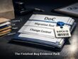Documents labeled DoC, Migration Test, and Change Control secured with a batch ID tag beside a paper bag layer cutaway.