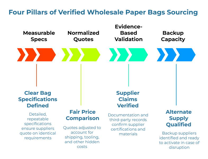 “Four Pillars of Verified Wholesale Paper Bags Sourcing”—1) Clear bag specifications defined with detailed, repeatable requirements. 2) Fair price comparison, adjusting quotes for shipping, tooling, and hidden costs. 3) Supplier claims verified with documentation. 4) Alternate supply qualified.