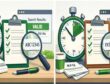 10-minute stopwatch, clipboard checklist, magnifying glass over certificate code on screen, and RFQ/PO documents.