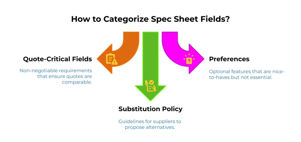 “How to Categorize Spec Sheet Fields?” Three large arrows define categories: Quote-Critical Fields (orange)—non-negotiable requirements to keep supplier quotes comparable; Substitution Policy (green)—rules for proposing alternatives; Preferences (magenta)—optional nice-to-have features.