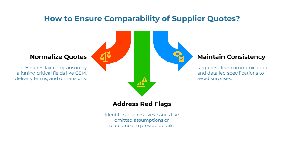 How to Ensure Comparability of Supplier Quotes?” Three arrows converge: orange (scales) highlights aligning critical fields—GSM, delivery terms, dimensions; green (warning) flags hidden or omitted assumptions; blue (eye/checklist) stresses clear communication and detailed specs to avoid surprises.