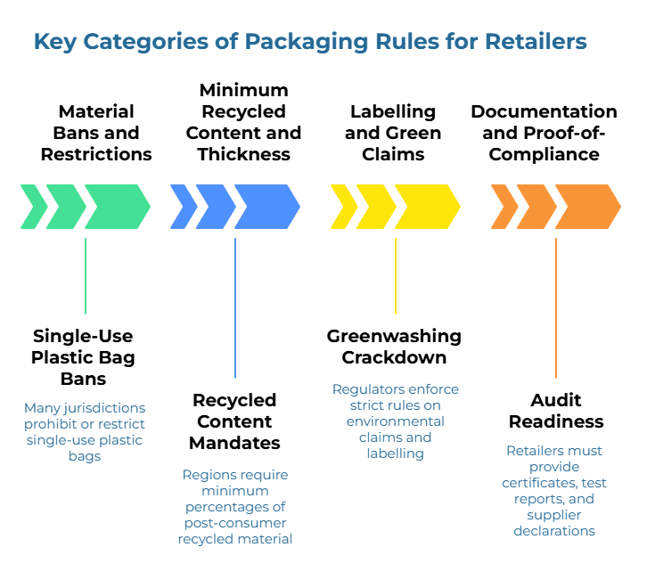 “Key Categories of Packaging Rules for Retailers.” Four arrow markers with captions: (1) bans/restrictions on single-use plastic bags; (2) minimum post-consumer recycled content requirements; (3) strict rules on environmental claims and labeling; (4) mandatory certificates, test reports, and supplier declarations.