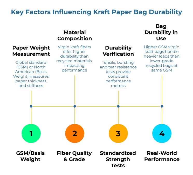 “Key Factors Influencing Kraft Paper Bag Durability.” Four milestones on a line: (1) GSM/Basis Weight measures paper thickness and stiffness. (2) Virgin fibers are more durable than recycled. (3) Tensile, burst, and tear tests provide performance metrics. (4) Higher-GSM virgin bags carry heavier loads.