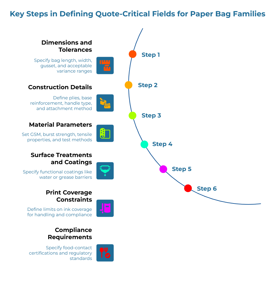 Infographic: “Key Steps in Defining Quote-Critical Fields for Paper Bag Families,” shown as a 6-step arc. Steps: 1) Specify bag length, width, gusset and tolerances. 2) Define plies, base reinforcement, handle type/attachment. 3) Set GSM, burst/tensile specs and test methods. 4) Note functional coatings. 5) Limit ink coverage. 6) State food-contact certifications and regulatory standards.