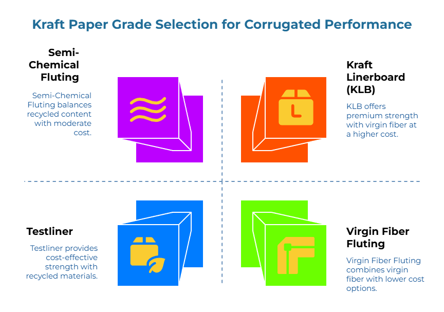 “Kraft Paper Grade Selection for Corrugated Performance” infographic. A 2×2 grid compares grades: Semi-Chemical Fluting—balanced recycled content, moderate cost; KLB (kraft liner board)—premium strength, higher cost; Testliner—cost-effective, recycled; Virgin Fiber Fluting—virgin fiber, lower-cost options.