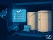 Stylized illustration of an auditor checking a container of paper reels with a desiccant bag and glowing checklist.