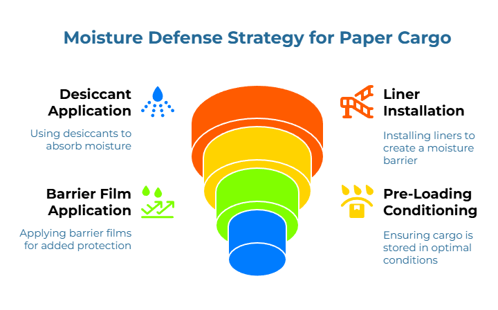 “Moisture Defense Strategy for Paper Cargo.” Central funnel with four protective tactics: use desiccants to absorb moisture, install container liners to create a moisture barrier, apply barrier films for added protection, and keep cargo in optimal storage conditions.
