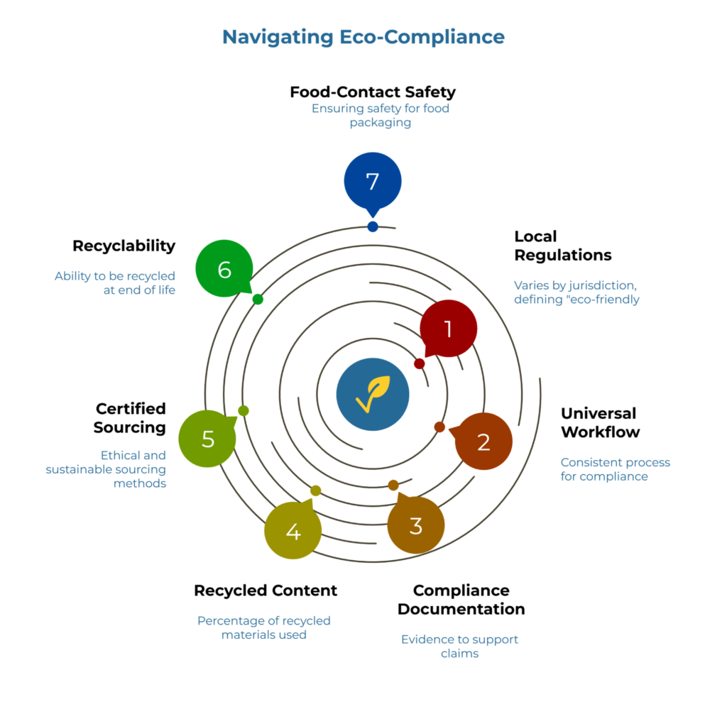 “Navigating Eco-Compliance” infographic. A circular radar with a leaf icon in the center maps seven requirements: 1) Local regulations, 2) Universal workflow, 3) Compliance documentation, 4) Recycled content, 5) Certified sourcing, 6) Recyclability, 7) Food-contact safety, each with brief notes.