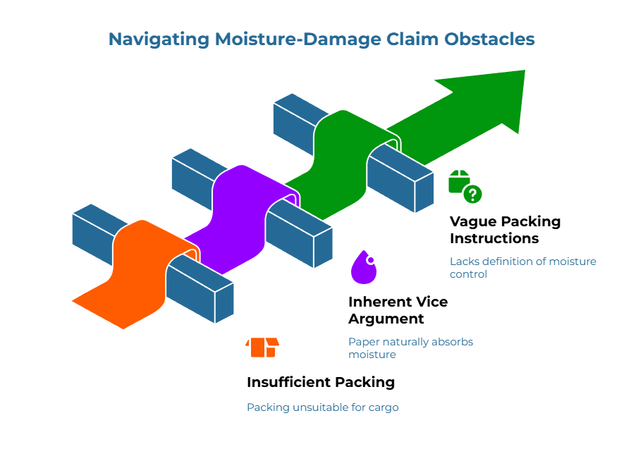 “Navigating Moisture-Damage Claim Obstacles.” A stepped conveyor graphic with an upward green arrow shows three blockers to successful claims: vague or missing definition of moisture control, paper’s natural moisture absorption, and packing unsuitable for cargo.