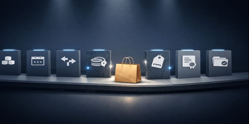 Kraft paper bag on a conveyor passing seven risk-check gates, with two cracked stations glowing blue to signal fragility.