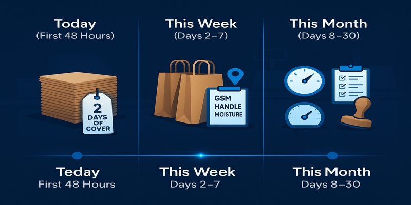 Timeline for switching to paper bags: 48 hours stabilize stock, week 1 specs + trial, month 1 training and reorder point.