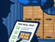 Stylized inspector checking a container interior with a tablet, pallets, desiccants, and a seal close-up.