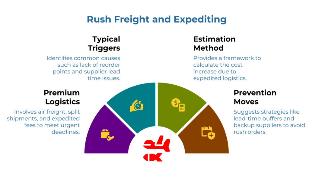 “Rush Freight and Expediting.” A semicircle panel with four colored wedges and icons explains: typical triggers (stockouts from missing reorder points, supplier lead-time issues), estimation method (calculate expedite cost), premium logistics (air/split/fees), and prevention moves (buffers, backup suppliers).