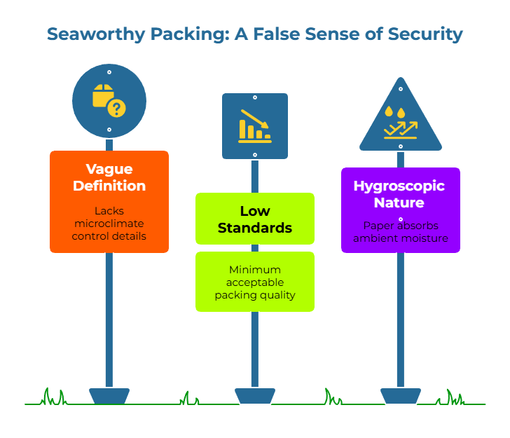 “Seaworthy Packing: A False Sense of Security.” Three road-sign style pillars show pitfalls: 1) Vague definition—no guidance on microclimate control; 2) Low standards—only minimum packing quality; 3) Hygroscopic nature—paper absorbs ambient moisture.