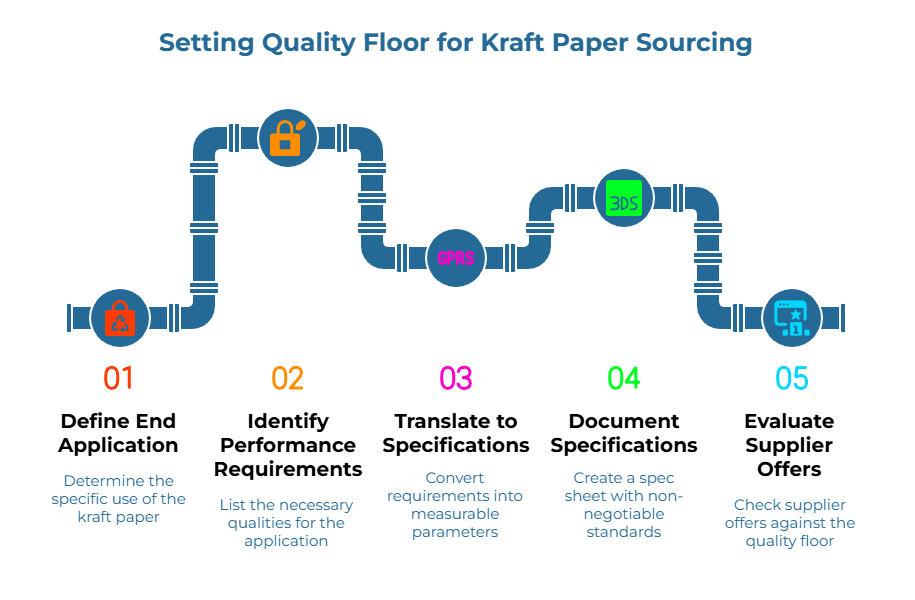 “Setting Quality Floor for Kraft Paper Sourcing.” A pipeline path with five numbered stages: 1) determine specific end use; 2) list necessary quality attributes; 3) convert needs into measurable parameters; 4) create a non-negotiable spec sheet; 5) check supplier offers against the quality floor.