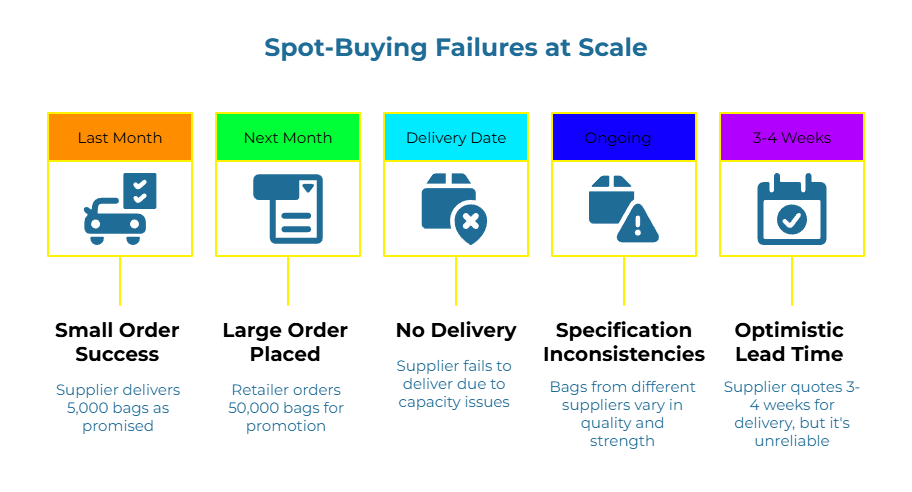 “Spot-Buying Failures at Scale.” Five panels show a recurring timeline: Last Month—supplier delivered 5,000 bags. Next Month—retailer orders 50,000 for a promotion. Delivery Date—supplier can’t deliver due to capacity. Ongoing—quality varies by supplier. 3–4 Weeks—quoted lead time unreliable.