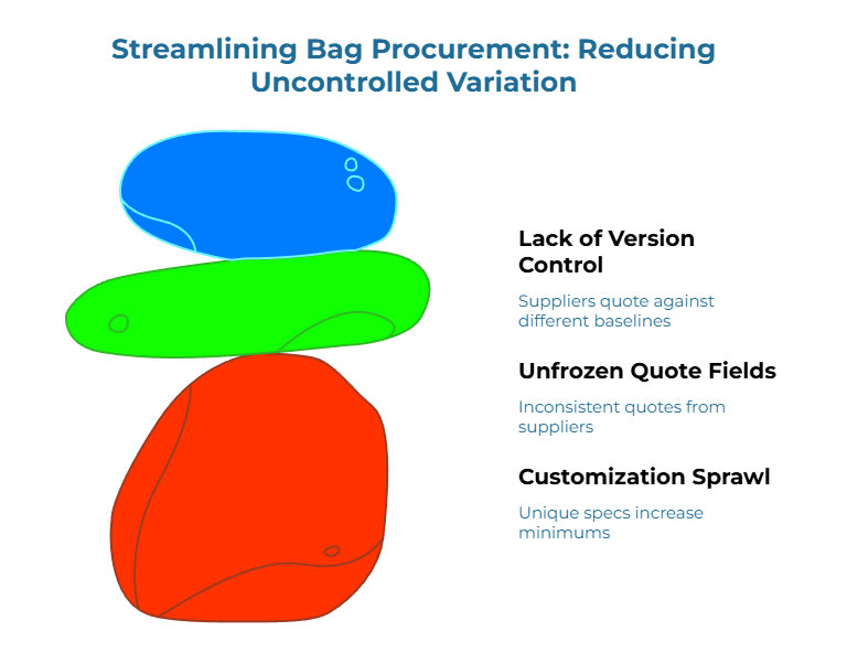 “Streamlining Bag Procurement: Reducing Uncontrolled Variation” graphic. Three stacked blobs (red base, green middle, blue top) symbolize unstable specs. Callouts: suppliers quote against different baselines, quotes are inconsistent, and unique specs raise minimum order quantities.