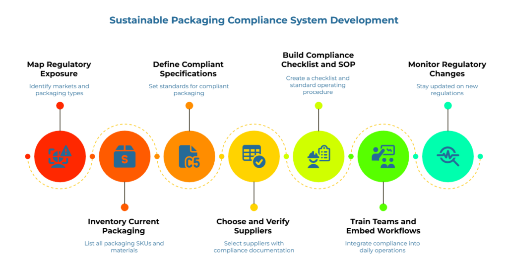 “Sustainable Packaging Compliance System Development.” Seven-step flow: identify markets and packaging types (list all SKUs/materials); set compliant standards; select suppliers with documentation; create checklist/SOP; train and integrate into daily ops; stay updated on new regulations.