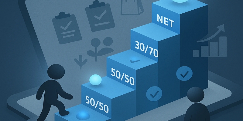Isometric staircase of payment-term rungs (Deposit → 50/50 → 30/70 → Net) with a faceless figure ascending, blue tones.
