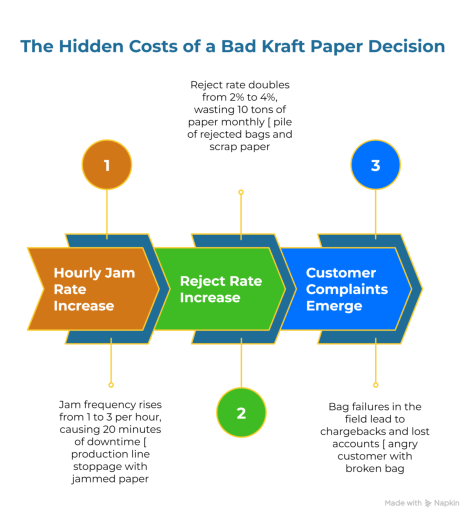 Infographic: “The Hidden Costs of a Bad Kraft Paper Decision.” Three-step arrow flow. 1) Hourly jam rate increase—jams rise 1→3/hour, ~20 minutes downtime. 2) Reject rate doubles 2%→4%, ~10 tons waste/month. 3) Customer complaints—bag failures lead to chargebacks and lost accounts.