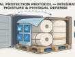 Stylized illustration of palletized paper rolls in a container showing desiccant, liner, edge protectors and dunnage.