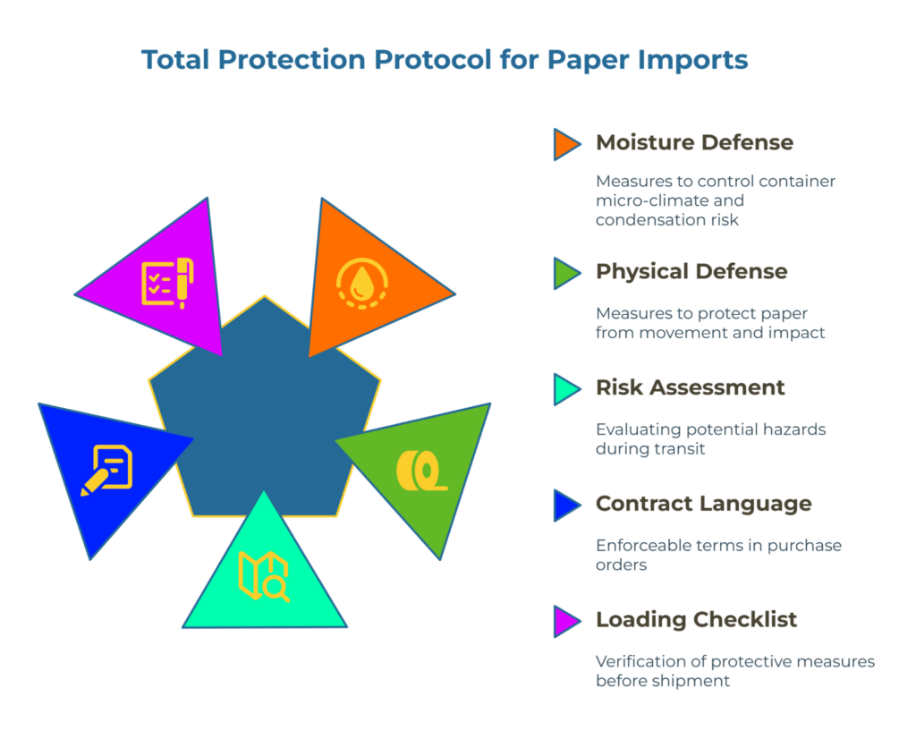 “Total Protection Protocol for Paper Imports.” A central pentagon with five triangular icons shows the framework: Moisture Defense, Physical Defense, Risk Assessment, Contract Language, and Loading Checklist. Right panel briefly explains each measure for transit protection.