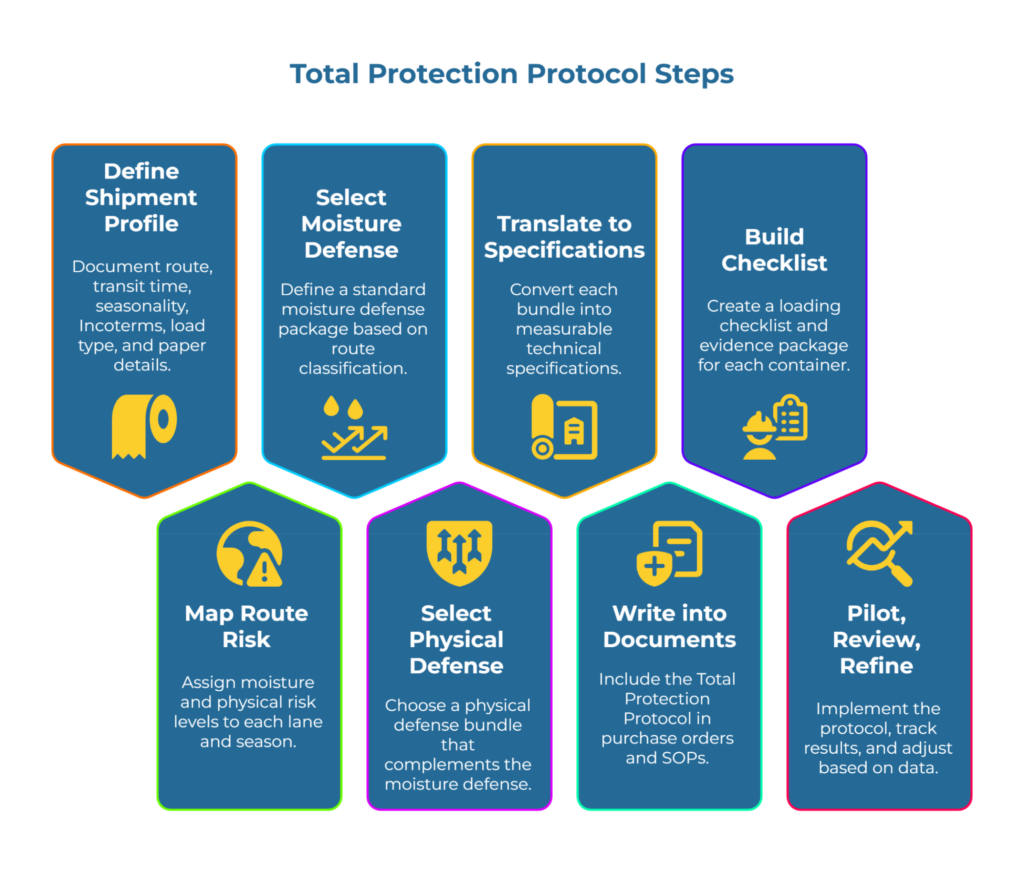 “Total Protection Protocol Steps.” Eight panels outline the workflow: Define shipment profile; Select moisture defense; Translate to specifications; Build checklist; Map route risk; Select physical defense; Write into documents; Pilot, review, refine.