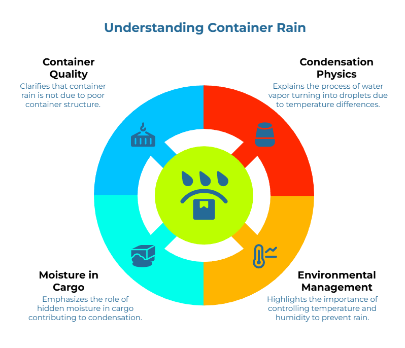 “Understanding Container Rain.” Central icon with droplets; circular ring in four colored quadrants. Key points: not caused by faulty container; vapor condenses into droplets due to temperature differences; hidden cargo moisture drives condensation; control temperature and humidity to prevent it.