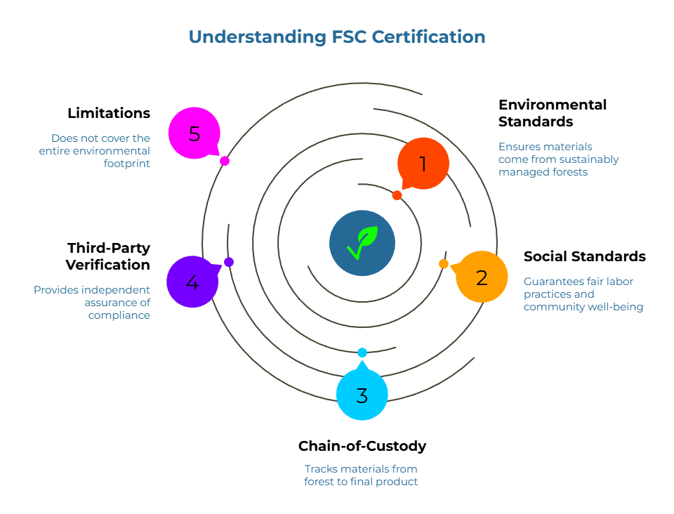 “Understanding FSC Certification.” Circular orbit diagram around a leaf checkmark shows five points: 1) Materials from sustainably managed forests, 2) Fair labor and community well-being, 3) Chain-of-custody tracking, 4) Independent compliance assurance, 5) Not a full environmental footprint.