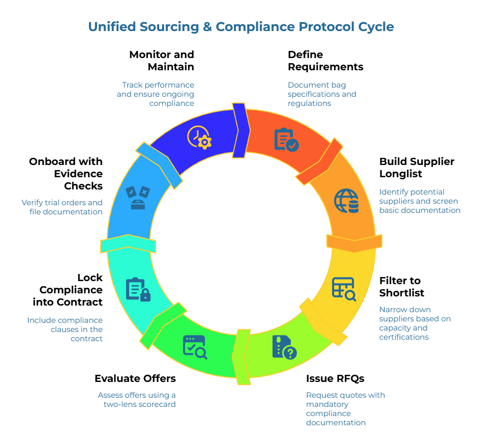 “Unified Sourcing & Compliance Protocol Cycle.” A circular 8-step loop: document bag specs and regulations; identify suppliers and screen basics; narrow by capacity/certifications; request quotes with compliance docs; assess offers via scorecard; add compliance clauses; verify trial orders and file; track performance and ongoing compliance.
