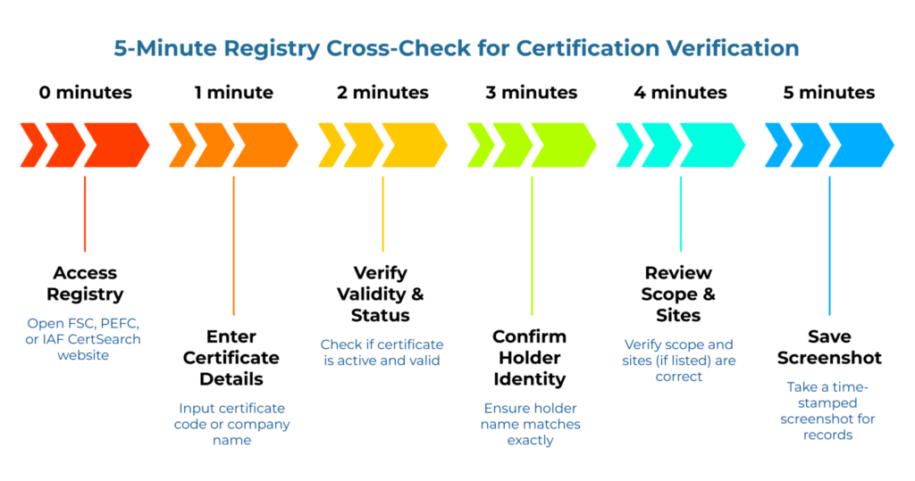 “5-Minute Registry Cross-Check for Certification Verification.” Minute-by-minute arrow timeline: 0 Access registry (FSC, PEFC, or IAF CertSearch); 1 Enter certificate code/company; 2 Verify validity/status; 3 Confirm holder identity; 4 Review scope and sites; 5 Save a time-stamped screenshot.