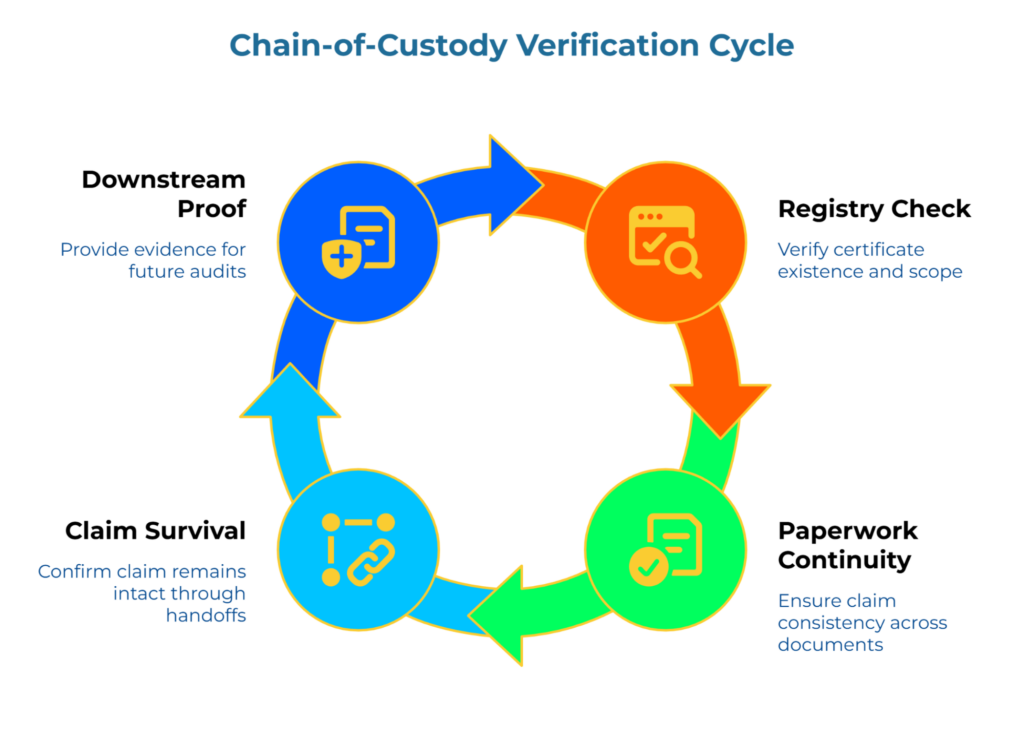 “Chain-of-Custody Verification Cycle.” A circular flow with four stages: Registry Check—verify certificate existence and scope; Paperwork Continuity—ensure claim consistency across documents; Claim Survival—confirm claim survives handoffs; Downstream Proof—retain evidence for audits.