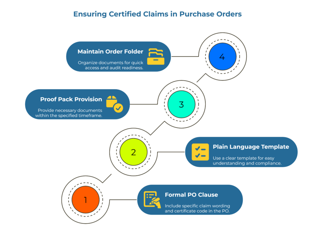 Ensuring Certified Claims in Purchase Orders.” Four-step path: 1) Formal PO Clause—include exact claim wording and certificate code; 2) Plain Language Template for clarity; 3) Proof Pack Provision—submit required documents on time; 4) Maintain Order Folder for quick access and audits.