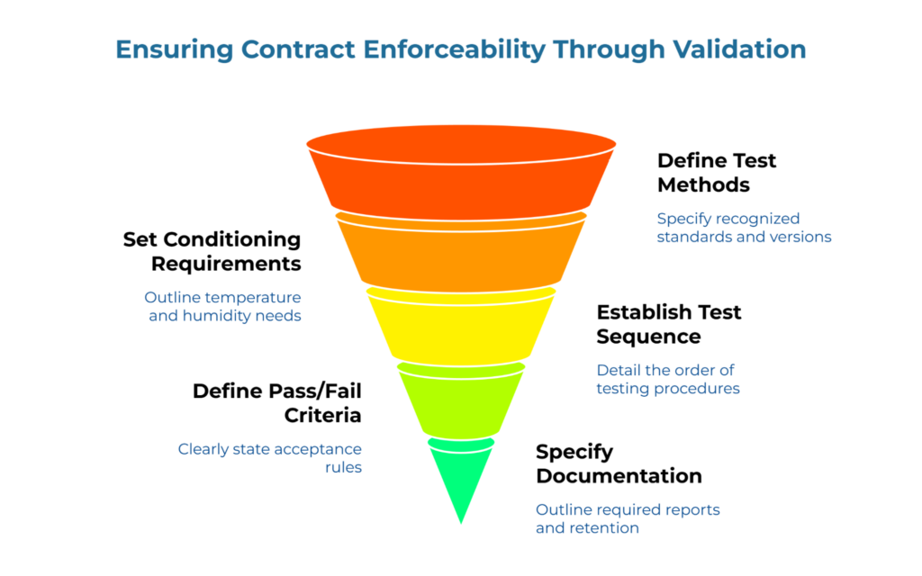 “Ensuring Contract Enforceability Through Validation.” A descending funnel lists required clauses: define test methods (recognized standards/versions); set conditioning requirements (temperature, humidity); establish test sequence; define pass/fail criteria; specify documentation and retention.