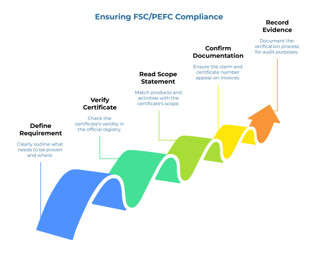 “Ensuring FSC/PEFC Compliance.” A rising ribbon path shows five steps: 1) Clearly define what must be proven and where. 2) Verify certificate validity in the official registry. 3) Match products and activities to certificate scope. 4) Ensure claim and certificate number appear on invoices. 5) Document the process for audits.