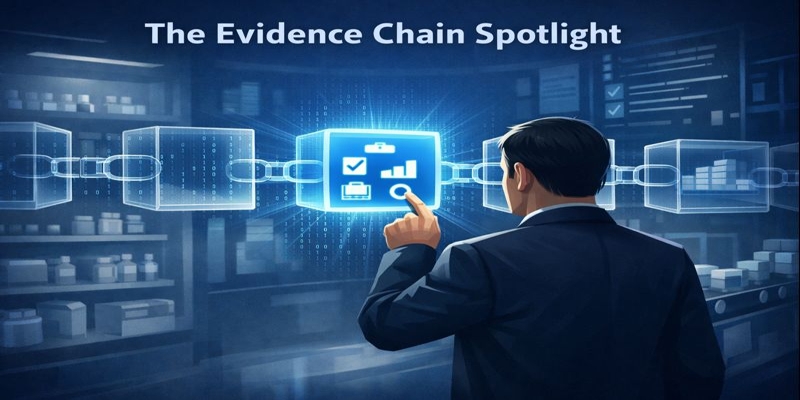Stylized illustration of a procurement manager touching a glowing evidence block in a transparent supply-chain of data cubes.