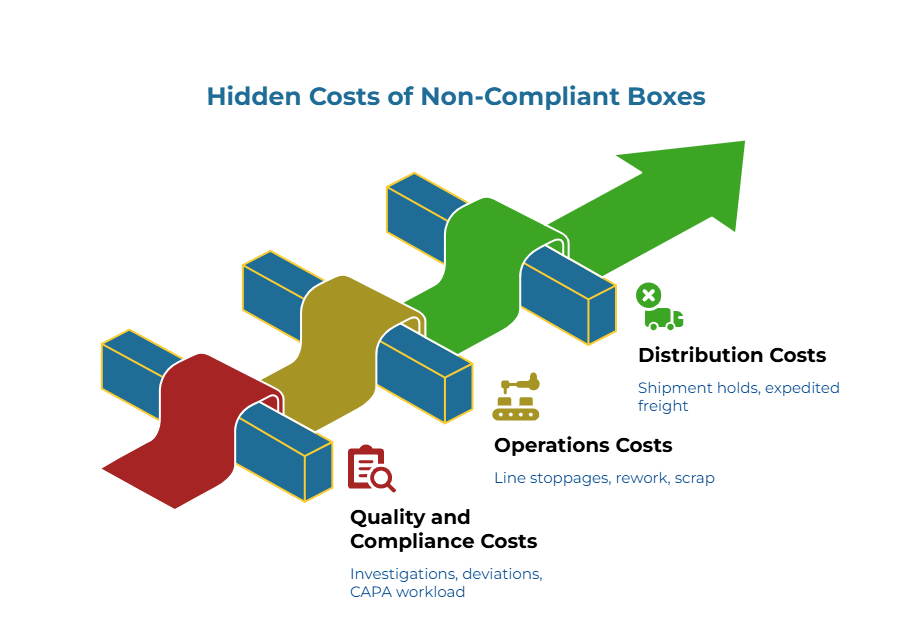 “Hidden Costs of Non-Compliant Boxes.” An upward green arrow threads through blue blocks like a conveyor, with three ribbon paths: red—Investigations, deviations, CAPA workload; gold—Line stoppages, rework, scrap; green—Shipment holds and expedited freight. Impacts are cumulative.