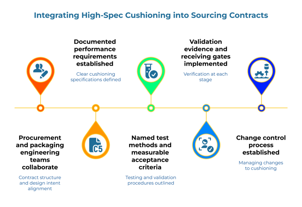 “Integrating High-Spec Cushioning into Sourcing Contracts.” Stages: procurement and packaging collaborate; documented performance requirements; named test methods with measurable acceptance criteria; validation evidence and receiving gates; change-control process established.