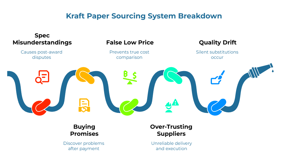 “Kraft Paper Sourcing System Breakdown.” A leaking hose-like supply chain shows broken links marking failure points: causes post-award disputes; problems discovered after payment; prevents true cost comparison; unreliable delivery and execution; silent substitutions by suppliers.