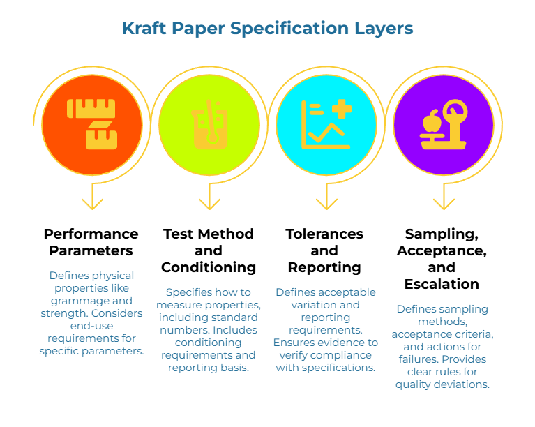 “Kraft Paper Specification Layers.” Four labeled circles with icons show the stack: 1) Physical properties—grammage, strength, end-use parameters. 2) Measurement methods—test standards, conditioning, reporting basis. 3) Variation & evidence—tolerances, reporting. 4) QA rules—sampling, acceptance, failure actions.