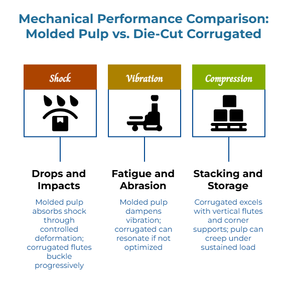 “Mechanical Performance Comparison—Molded Pulp vs. Die-Cut Corrugated.” Shock: molded pulp absorbs impact via controlled deformation; corrugated flutes buckle. Vibration: pulp dampens better; corrugated may resonate if unoptimized. Compression: corrugated strongest; pulp may creep under load.