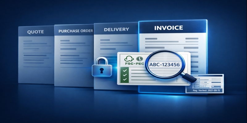 Illustration of four documents (Quote → PO → Delivery → Invoice) with a magnified certificate code, padlock, and registry screenshot.