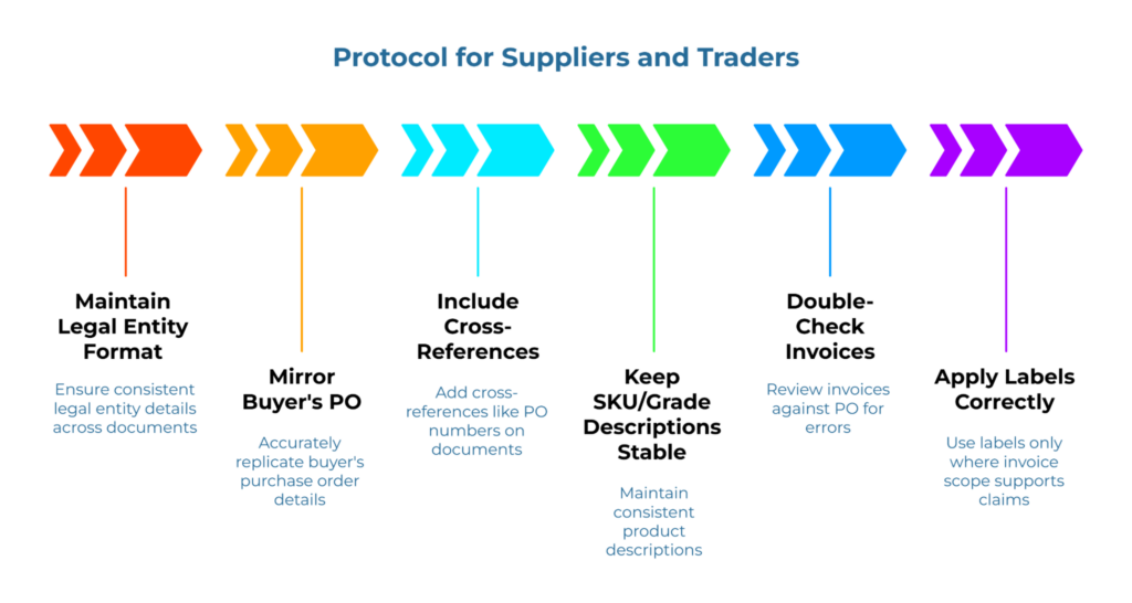 “Protocol for Suppliers and Traders.” A horizontal sequence of colored arrows lists six actions: Maintain legal entity format; Mirror buyer’s PO; Include cross-references (e.g., PO numbers); Keep SKU/grade descriptions stable; Double-check invoices; Apply labels only where scope supports claims.