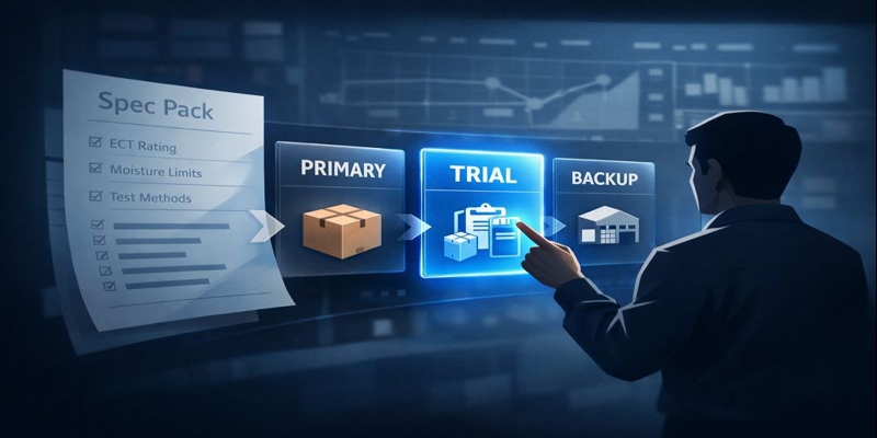 Stylized illustration of a procurement manager tapping a glowing "TRIAL" panel as a Spec Pack flows PRIMARY→TRIAL→BACKUP.