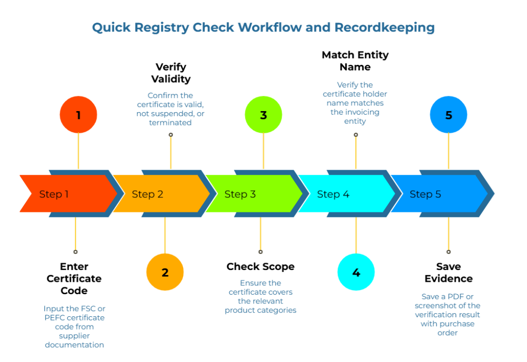 “Quick Registry Check Workflow and Recordkeeping.” Five-step arrow timeline for FSC/PEFC verification: 1) input supplier certificate code; 2) confirm certificate valid, not suspended/terminated; 3) ensure product categories covered; 4) match holder to invoicing entity; 5) save PDF/screenshot with PO.