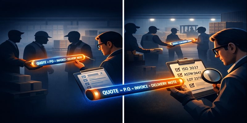 Warehouse scene: glowing relay baton "Quote→PO→Invoice" passed to a procurement officer inspecting ISO 3037 reports.