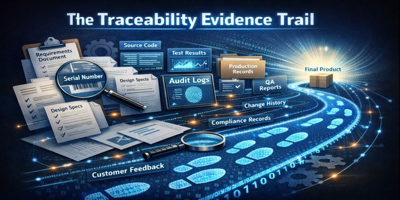 Stylized evidence trail linking calibration certificates, batch records, and QA reports to a final packaged product.