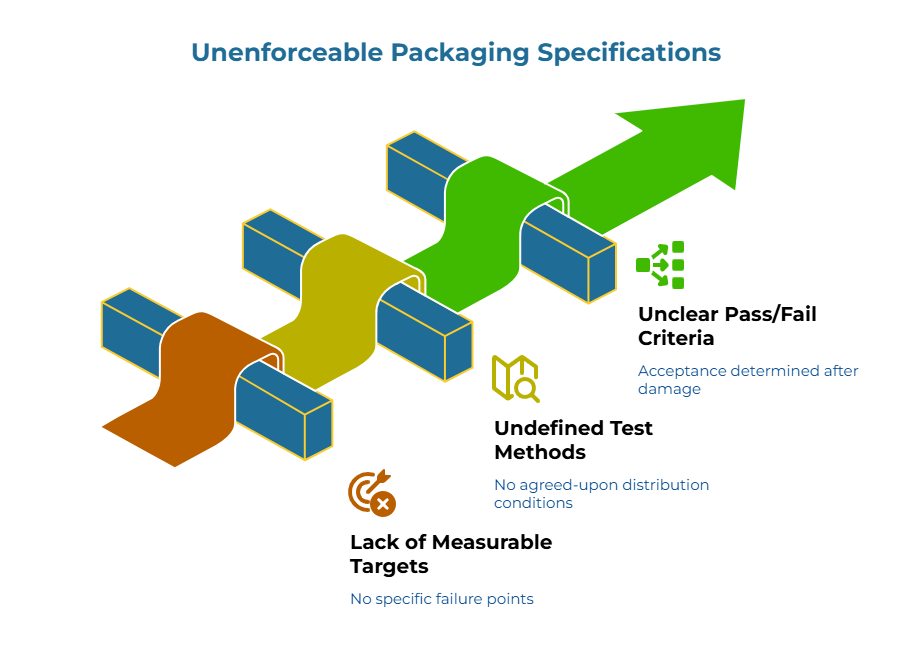 “Unenforceable Packaging Specifications.” A ribbon path across blocks ends in a green arrow. Callouts show three gaps: acceptance decided only after damage, no agreed distribution conditions, and no defined failure points—making the specification non-actionable.