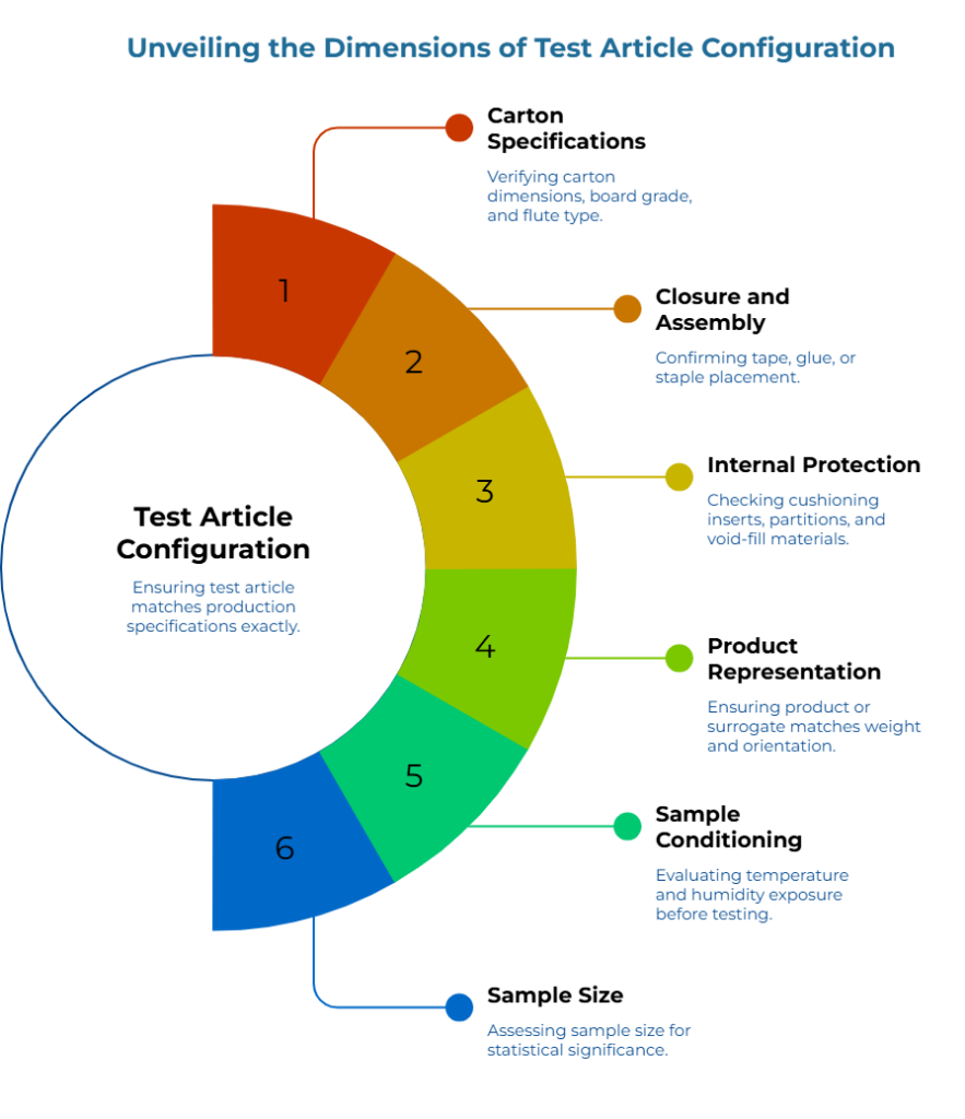 “Unveiling the Dimensions of Test Article Configuration.” Six segments (1–6): verify carton dimensions, board grade, flute; confirm tape/glue/staples; check cushioning/void-fill; match product weight/orientation; control temperature & humidity; assess sample size. Center: match production specs.